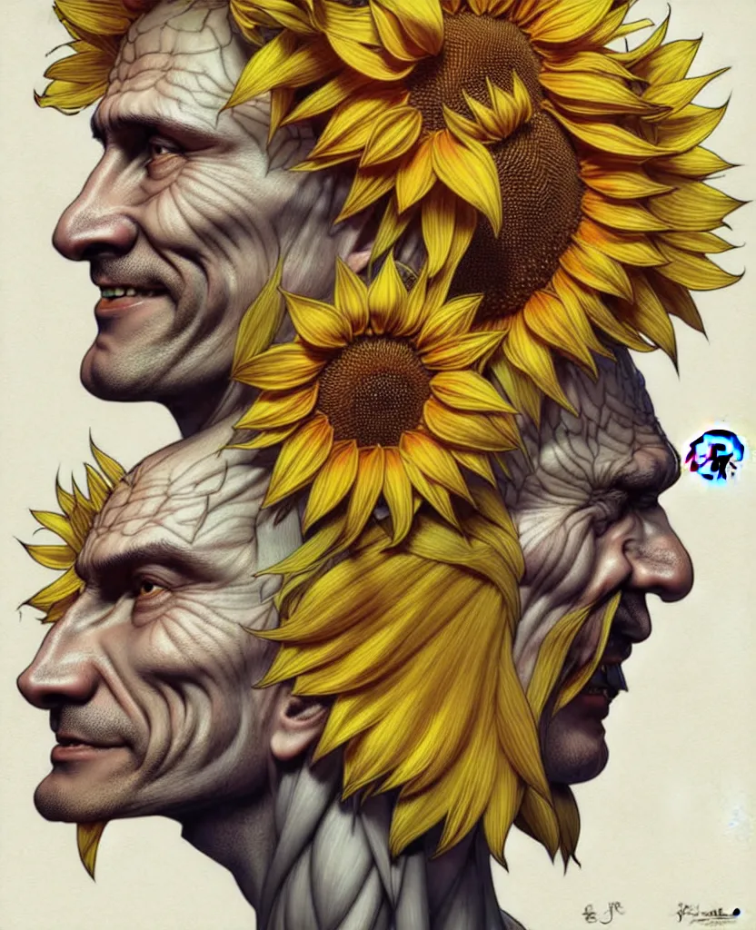 Image similar to digital art, centered full body of Putin smiling king, Sunflower crown, ,intricate, veins, by James Jean and by artgerm , by ross tran ultradetailed, charachter design, concept art, trending on artstation,