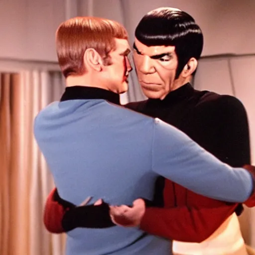Prompt: Captain Kirk and Spock from star trek hugging each other