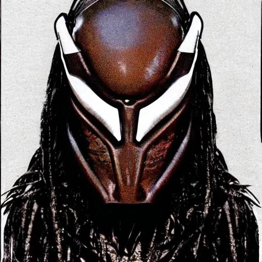 Image similar to hedcut portrait of yatuja wearing mask from the movie predator