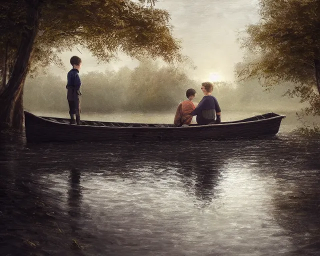 Image similar to a boy and a girl with long flowing auburn hair sitting together on the rowboat. Boy has black short hair, boy has black short hair. Atmospheric lighting, long shot, romantic, boy and girl are the focus, trees, river. Oil Painting, Trending on Artstation, octane render, Insanely Detailed, 8k, HD