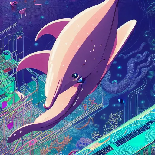 Image similar to a beautiful hyperdetailed character design 4 k wallpaper illustration of a cute dolphin, victo ngai cyberpunk style, from china, style of studio ghibli, makoto shinkai, raphael lacoste, louis comfort tiffany, artgerm, james jean, ross tran, chinese style