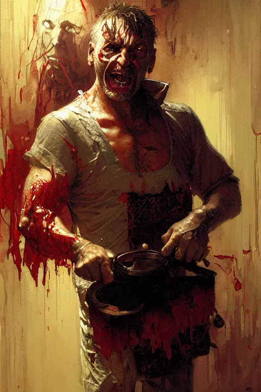 Prompt: crazy half demon middle aged man in a butchers apron holding a scalpel portrait dnd, painting by gaston bussiere, craig mullins, greg rutkowski, yoji shinkawa