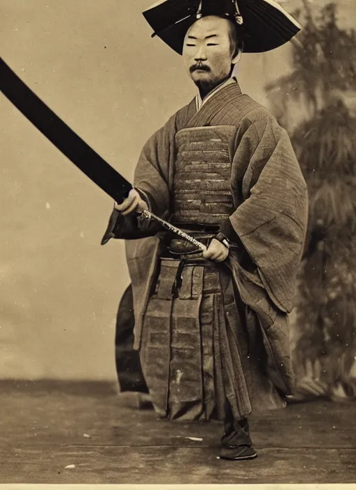 Image similar to old photo of a samurai inspecting his sword