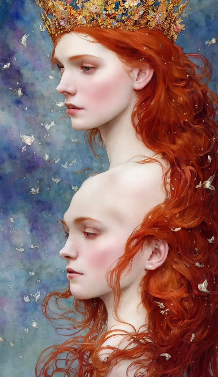Prompt: beautifull portrait of a young redhair woman wearin a crown made of fish in watercolors, intricate, elegant, highly detailed, digital painting, artstation, concept art, smooth, sharp focus, illustration, art by krenz cushart and artem demura and alphonse mucha, dynamic lighting, ultrarealistic, cinematic, octane render, unreal engine, 8 k