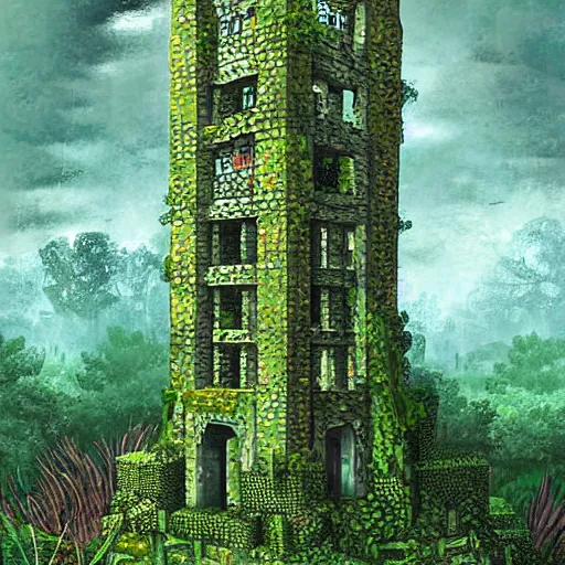 Prompt: ruins of a tower covered in creepers, beautiful, intricate, detailed, digital art painting