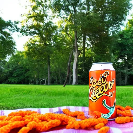 Prompt: a can of cheetos soda at a picnic in the park
