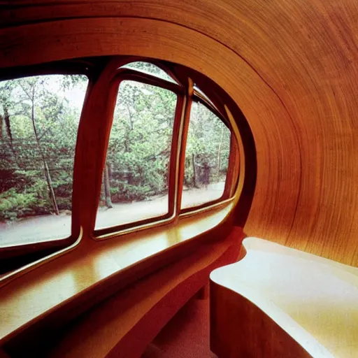 Prompt: the interior of a 1 9 7 0 s space ship carved out of wood, designed by eero saarinen, trees visible through the windows