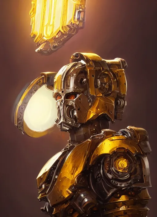Image similar to dynamic head-on abstract portrait of a intricate glorious holy mechanical warforged character in yellow armor holding a paladin engraved great longsword drawn and carrying a big paladin shield, beam glowing eye , face in focus, epic , trending on ArtStation, masterpiece, cinematic lighting, by Ross Tran and by Greg Rutkowski