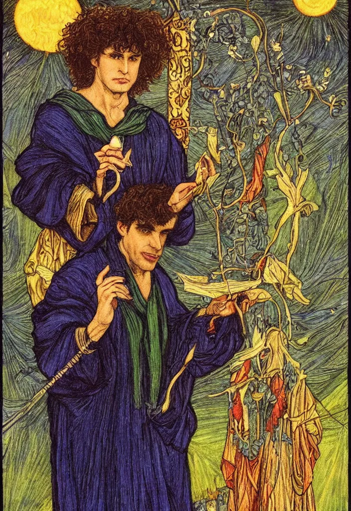 Image similar to Yoshua Bengio as the Magician on the Tarot card. Illustration by preraphaelists.