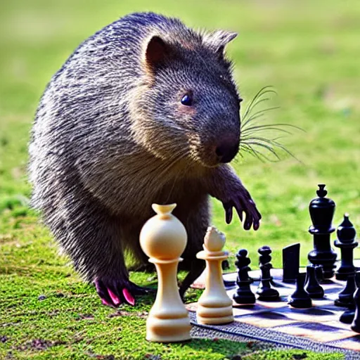 Image similar to wombat playing chess in pringle bay in style of goya