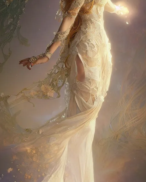 Image similar to Floralpunk elysian Maiden of radiant light wearing ivory lace dress made of stardust by Ruan Jia and artgerm, award winning art, Artstation, art nouveau aesthetic, Alphonse Mucha background, intricate details, semi-realistic, full view