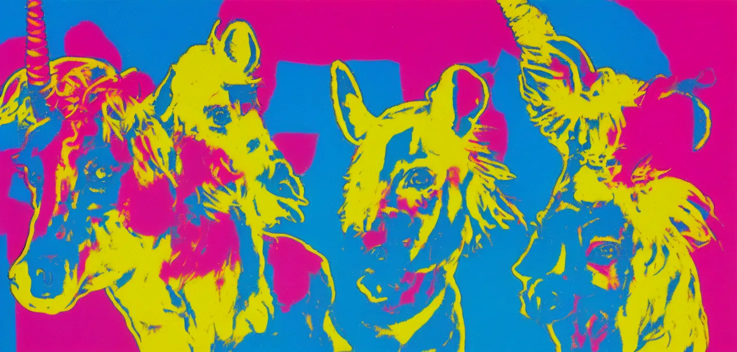 Image similar to a unicorn and a mouse on a sugar rush, colourful, bright, cheery, andy warhol, ralph goings