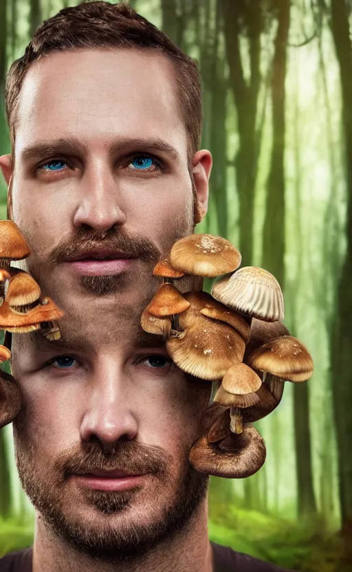 Image similar to realistic colorful photo portrait of man with mushrooms growing on his face, illuminated forest in the background full light, ultra rendered extreme realism and detail, 8 k, highly detailed, realistic, photorealistic,