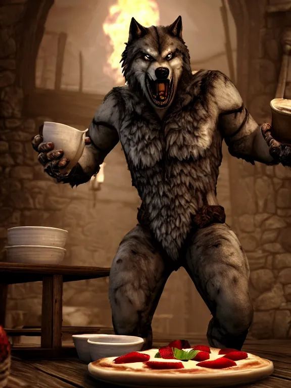 Image similar to cute handsome cuddly burly surly relaxed calm timid werewolf from van helsing sitting down at the breakfast table in the kitchen of a normal country home cooking having fun lighthearted whimsy whimsical baking strawberry tart cakes unreal engine hyperreallistic render 8k character concept art masterpiece screenshot from the video game the Elder Scrolls V: Skyrim