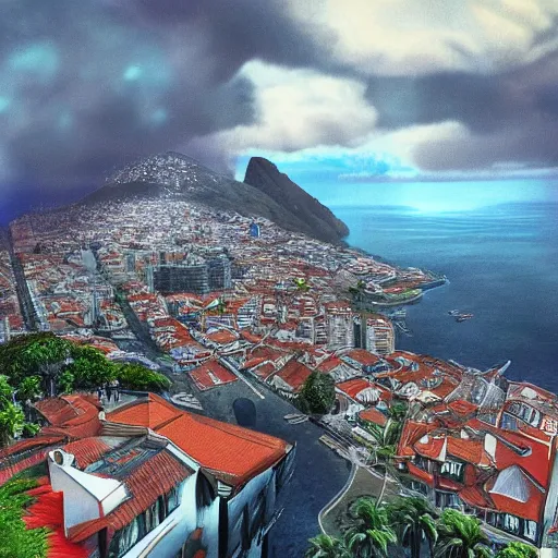 Prompt: king kong destroying funchal's city bay near the streets view from below under the clouds, trampled, by caio fantinim, trending on artstation, award winning, 3 d render