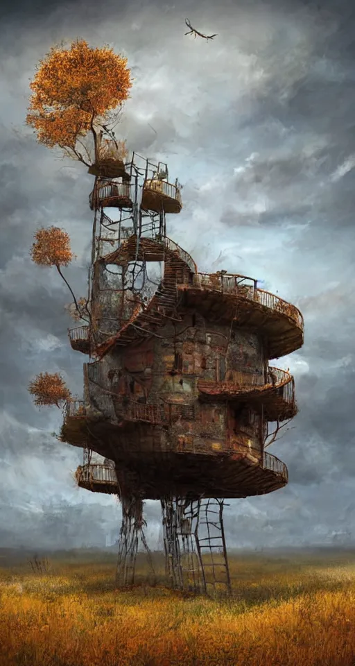 Image similar to tree house on a rusty broken building constructions of a giant upside - down spiral edgy staircase, leading to the sky, the ruins, in the steppe, autumn field, misty background, from the game pathologic 2, highly detailed, sharp focus, matte painting, by isaac levitan and asher brown durand,