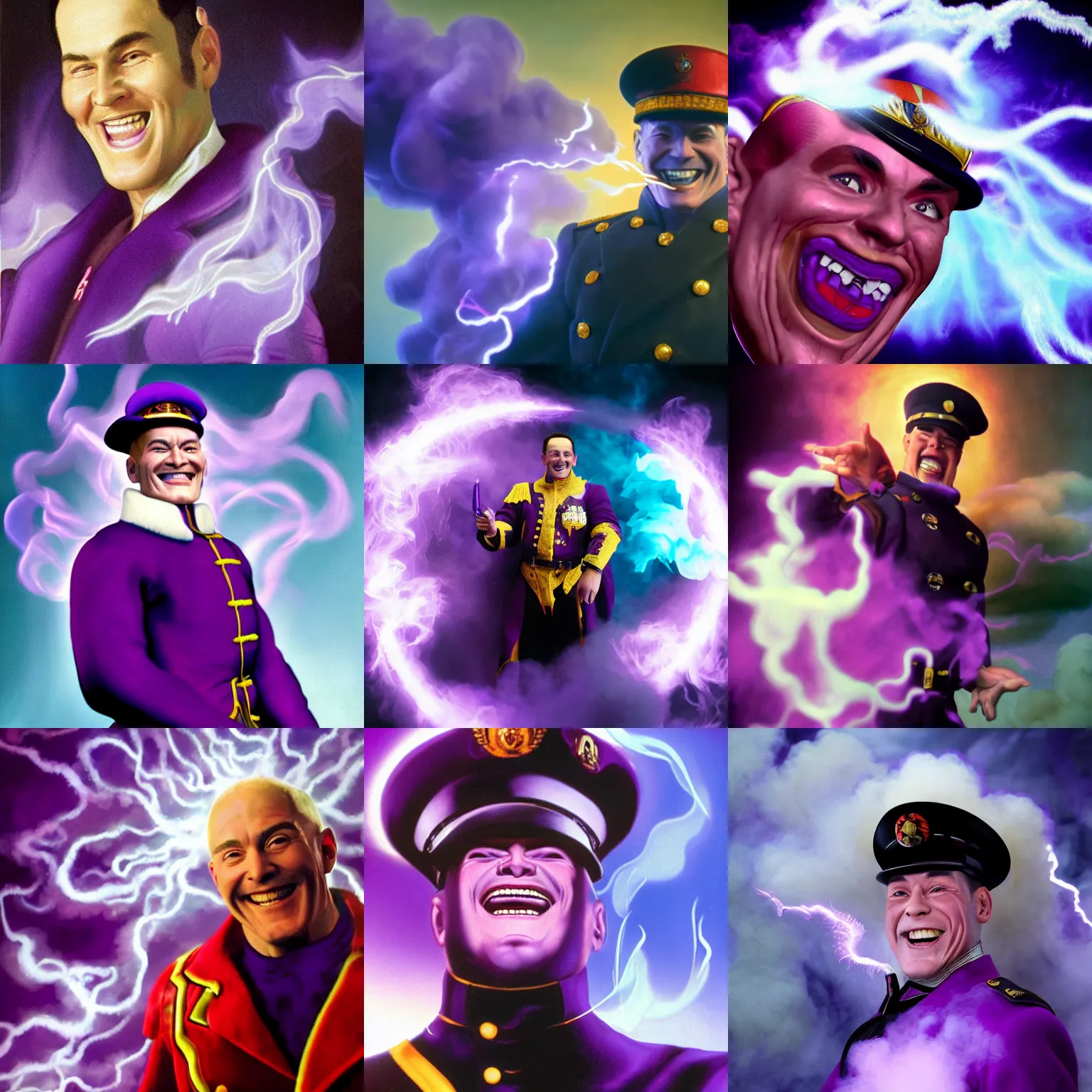 Prompt: a renaissance painting of m. bison, full body, big smile white teeth, surrounded by purple smoke, purple lightning in the background, volumetric light, 8 k