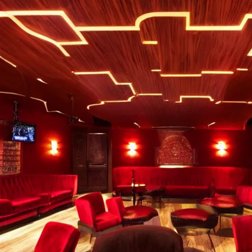 Image similar to jazz bar with giant wooden stage and red velvet seats dark colors