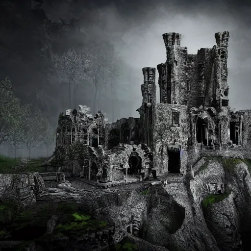 Image similar to hyperrealistic photograph of the haunted ruins of the black castle, dim volumetric lighting, 8 k, octane beautifully detailed render, extremely hyper detailed, intricate, epic composition, cinematic lighting, masterpiece, trending on artstation, very very detailed, stunning, hdr, smooth, sharp focus, high resolution, award, winning photo, dslr, 5 0 mm