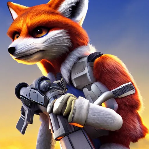 Image similar to a portrait of fox mccloud firing a blaster, anthropomorphic furry art, star fox, heroic close up, action, imax, 8 k, by jim burns