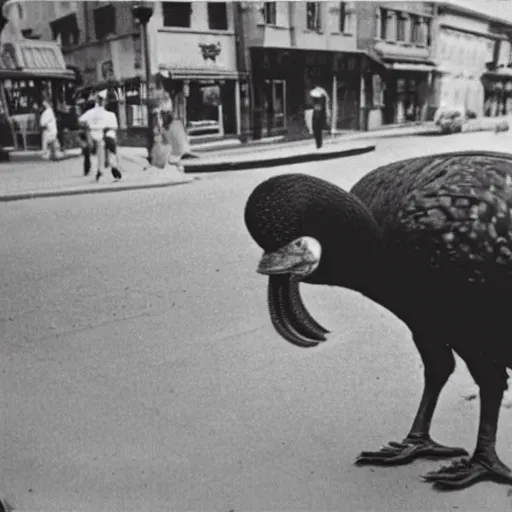 Prompt: vintage photo of a dodo bird crossing the street