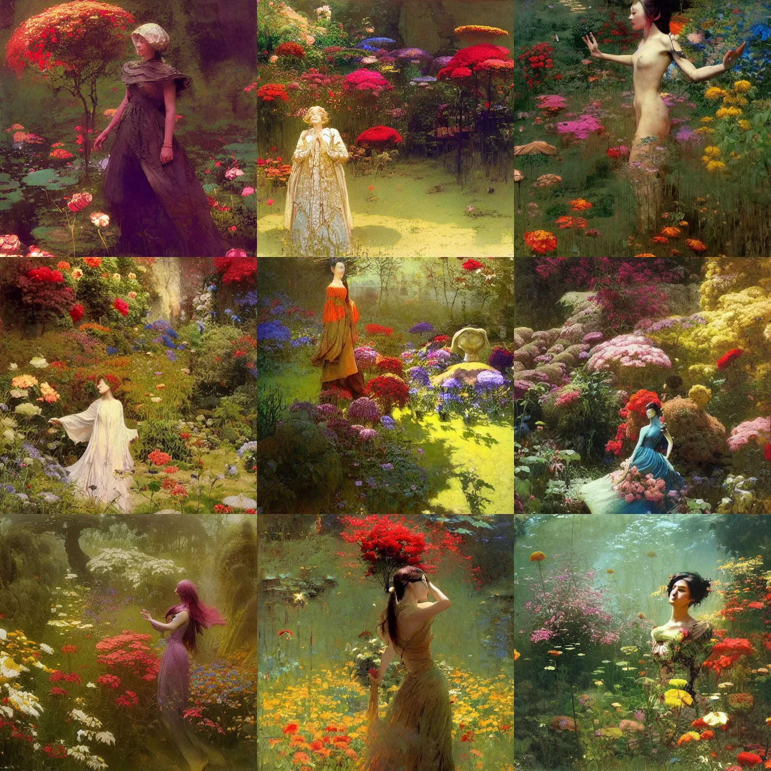 Prompt: a person becoming one with nature in a magically flower garden, intricate, vivid colors, elegant, highly detailed, john park, frazetta, john howe, ruan jia, jeffrey catherine jones