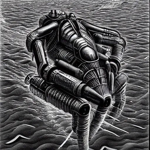 Prompt: realistic amphibious combat mecha in the style of m. c. escher, h. r. giger