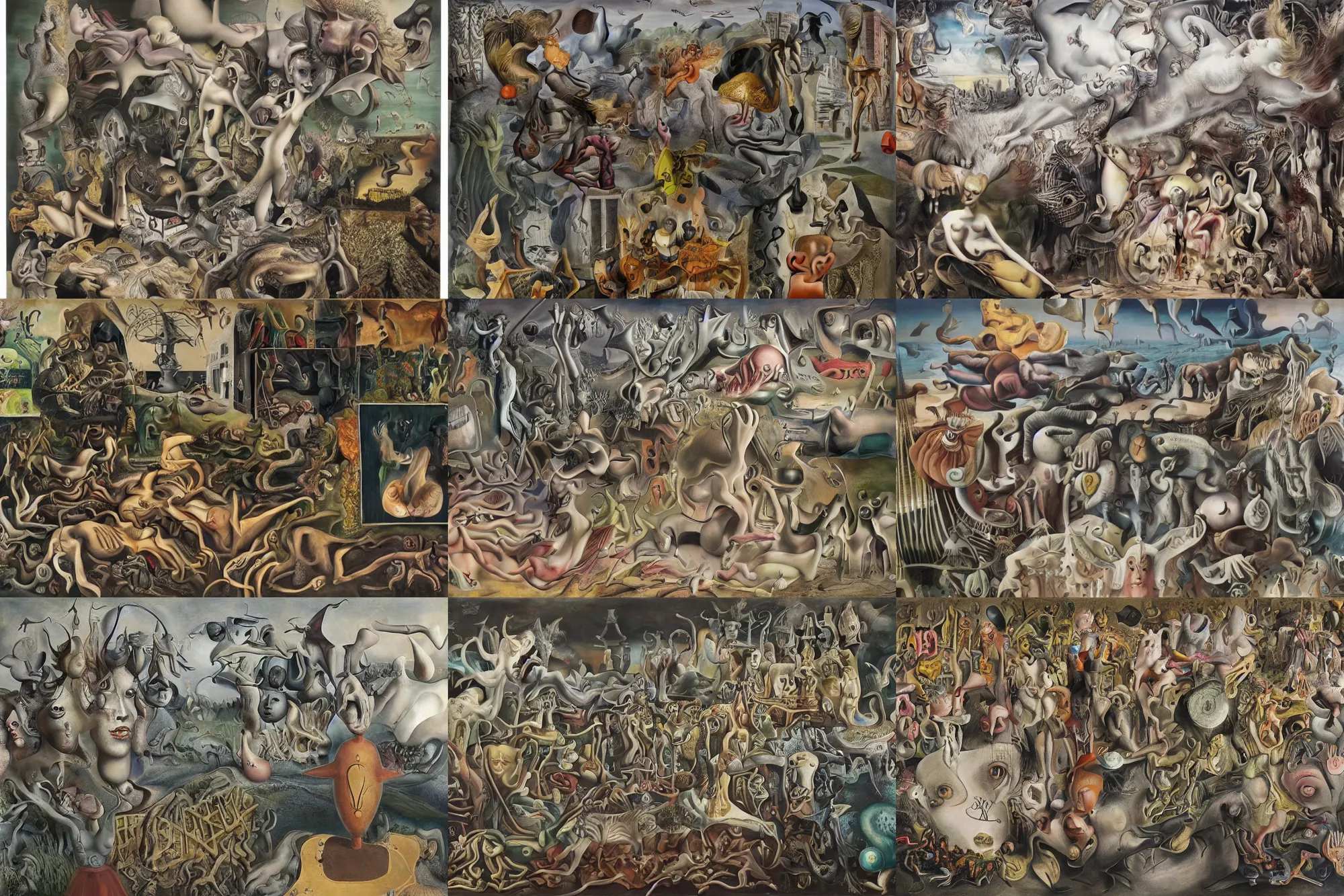 Prompt: various combinations of living chimera, hyper realistic, insanely detailed, surrealist, hyper realistic, salvador dali, yves tanguy, paul delvaux, max ernst, rene magritte, meret elisabeth oppenheim, leonora carrington, remedios varo uranga, 1 6 k