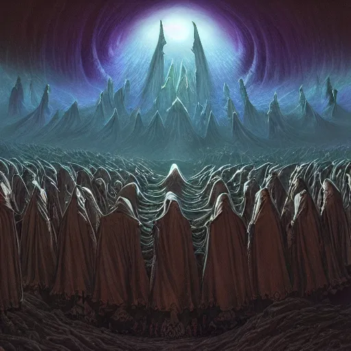 Image similar to a dark cabal of multiple hooded elven mystics in long dark robes gathered in a circular formation around a highly advanced alien computer, dan seagrave art, michael whelan