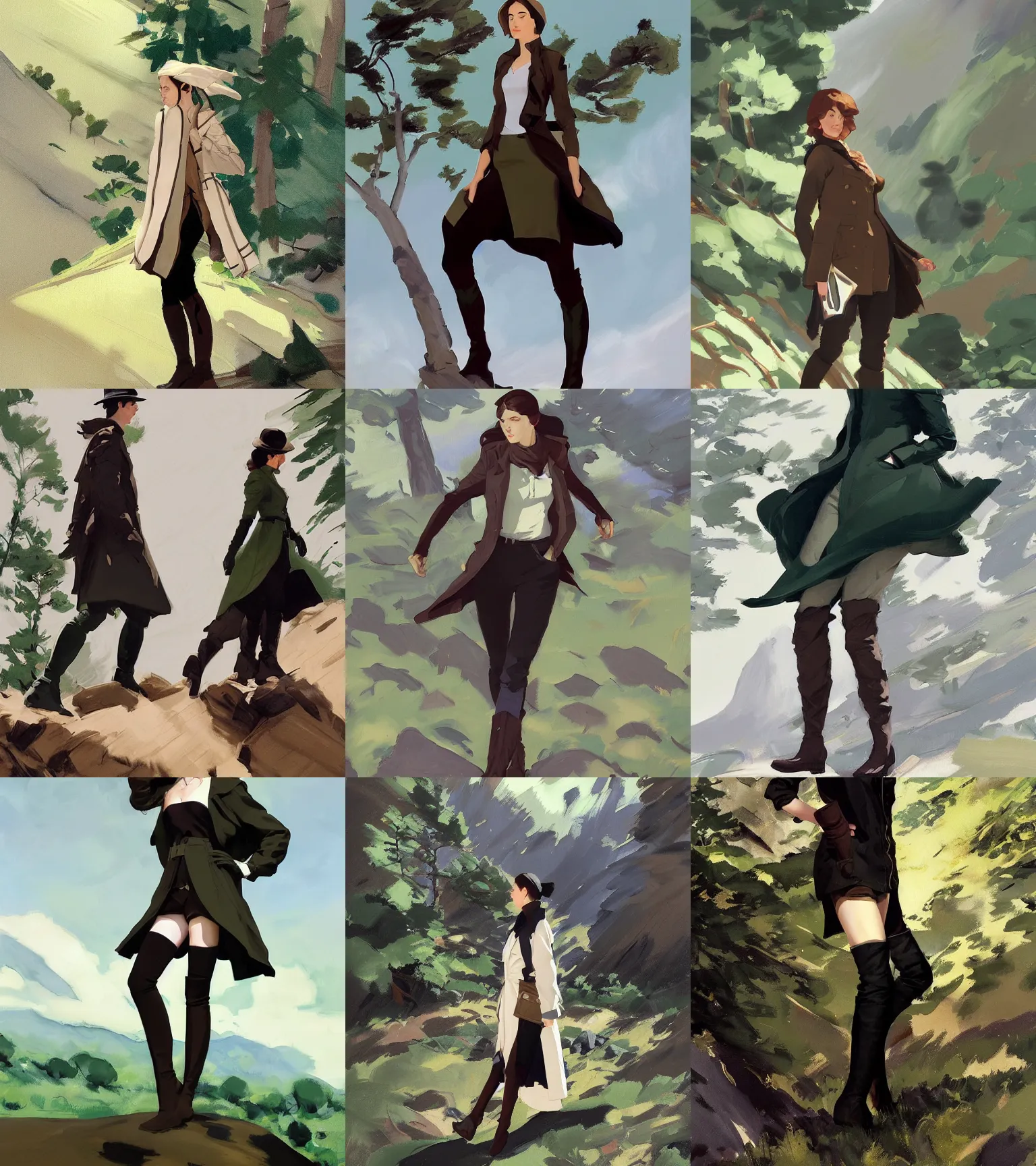 Prompt: black green brown white cloth fabric jodhpurs knee high boots travel coat fashion, solo hiking in mountains trees, greg manchess painting by sargent and leyendecker, studio ghibli, fantasy, asymmetrical, intricate, elegant, matte painting, illustration, hearthstone, by greg rutkowski, by greg tocchini, by james gilleard, by joe fenton