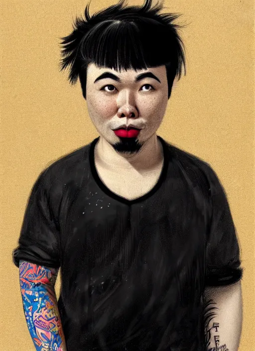 Prompt: portrait of a plump thai man with a crooked nose and a confident expression, 1 9 6 0 s, black clothes, goth, punk, brightly coloured hair, funk, intricate, elegant, highly detailed, digital painting, artstation, concept art, smooth, sharp focus, illustration, art by wlop, mars ravelo and greg rutkowski