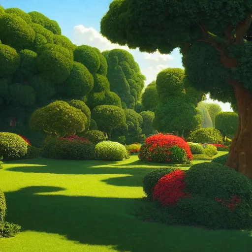 Prompt: a very wide angle shot of an empty garden in heaven, with long fluffy trees, green foliage and side lighting, ultra realistic, masterpiece painted by maxfield parrish, jc leyendecker and hopper, flemish baroque, classical realism, chiaroscuro, unreal engine, 8 k