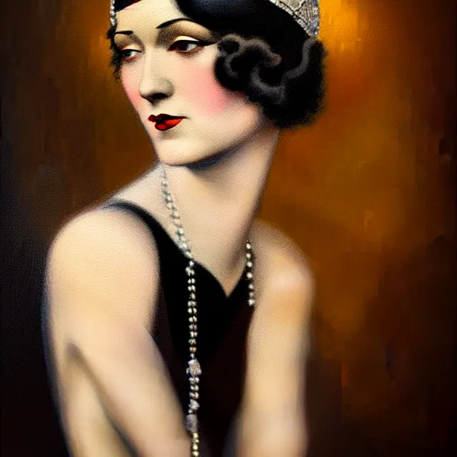 Prompt: 1 9 2 0 s woman in a flapper portrait, atmospheric lighting, painted, intricate, ultra detailed by frank frazetta, leesha hannigan, thierry doizon, kai carpenter, well composed, best on artstation, cgsociety, epic, stunning, gorgeous, intricate detail, wow, masterpiece