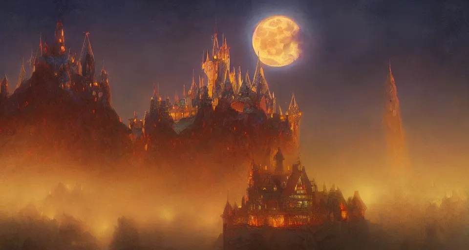 Prompt: happy disney castle rising up from the mist in the morning silhouetted by a single huge moon, anders zorn, thomas kincade, trending on artstation, lava, dungeons and dragons, saturated colors, fun, happy, golden hour