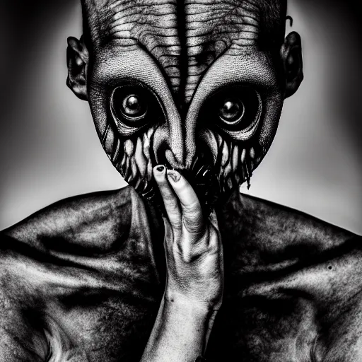 Image similar to artistic photoshoot of a mothan hybrid, grotesque, body horror, mutant shaming, creepy, terrifying, 8 k hdr 8 0 mm wide angle portrait, high contrast black and white, insectoid n