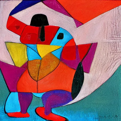 Image similar to fat latin woman dancing, brilliant sunset, cubism, texture, acrylic, no collage, no pastels