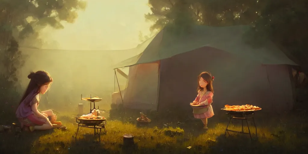 Image similar to big eyed brunette sweet little girl looking sad in front of barbecue near tent at camp, extremely detailed digital painting, in the style of fenghua zhong and ruan jia and jeremy lipking and peter mohrbacher, mystical colors, rim light, beautiful lighting, 8 k, stunning scene, raytracing, octane, trending on artstation