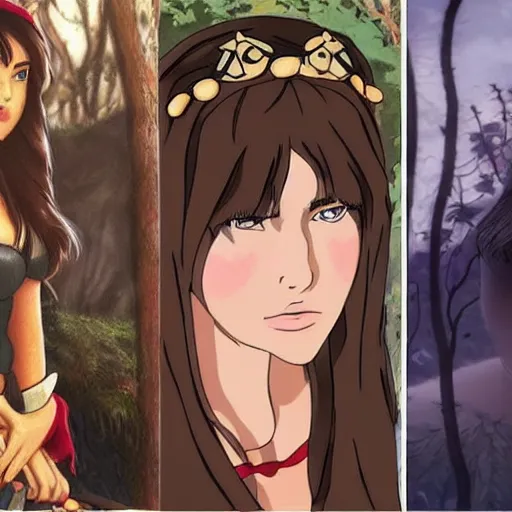 Prompt: megan fox as princess mononoke, comparison between live action and studio ghibli art