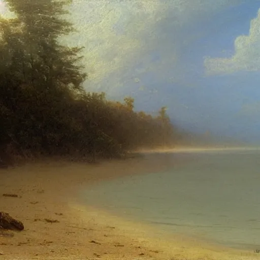 Prompt: An 1858 detailed oil painting of lost paddles on a primeval New England beach, by Albert Bierstadt. Misty, beautiful, natural, golden light.