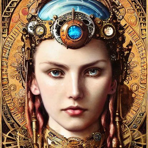 Image similar to A steampunk beautiful goddess, she is wavy, she is embellished with gears wheels and gemstones, by William Holman Hunt, Greg Rutkowski, Stanely Artgerm, Tooth Wu, Peter Gric, Aaron Horkey, trending on Artstation, digital art, mythological, symmetrical artwork, cinematic lighting, hyper realism, high detail, octane render, ultra realistic, golden ratio, 4k, 8k