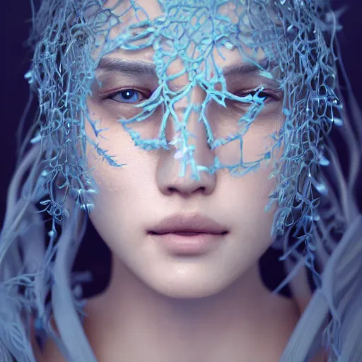 Image similar to intricate highly detailed face portrait of asian - european woman, light blue water vines on her face, intricate, cgsociety, unreal engine, octane render, sharp focus, smooth, volumetric lighting, cinematic composition, artstation