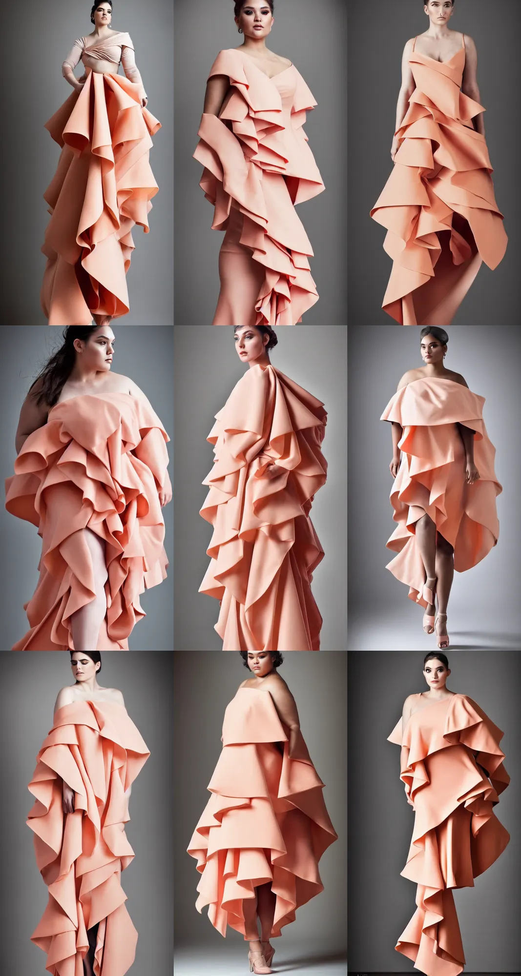 Prompt: pinterest haute couture, fold layered flutter, heavy fabric full piece, volume aesthetic, curvy model, peach analogous in light tone scheme, sigma 8 5 mm f / 8, high detail, runway photography, professionally retouched, cloudy mood lighting