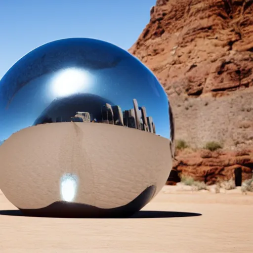 Image similar to a large metallic ball with a mirror finish sits in the arizona desert, photorealistic