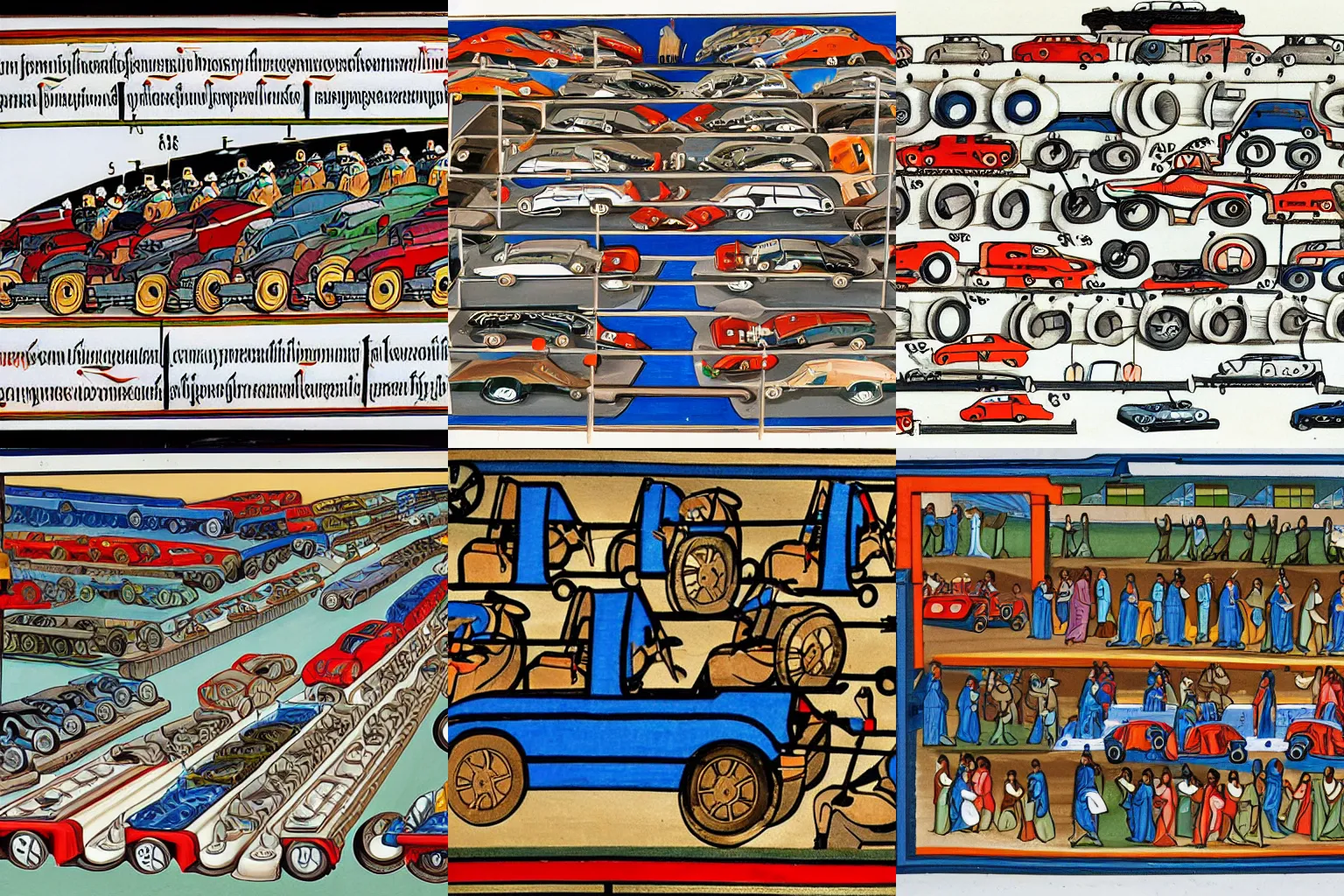 Prompt: automobile assembly line in the style of medieval illuminated manuscript