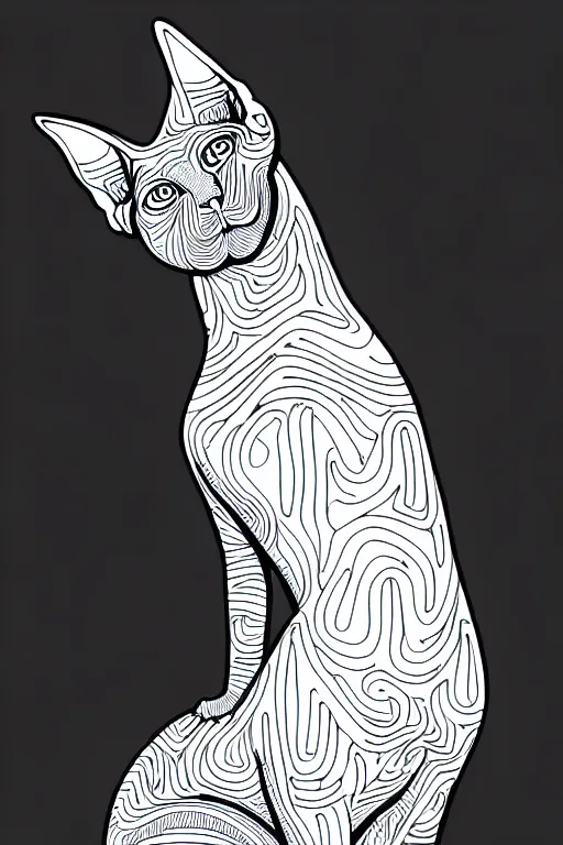 Image similar to sphynx cat statue ornaments fractal ink drawing line art colouring page, vector, margins, fine lines, centered