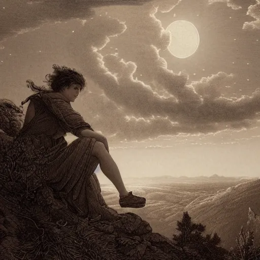 Prompt: A female wanderer looks from a mountaintop, mountains, gorgeous view, velly distant forest, distant city, distant glow, night, moon, dramatic light, Chiaroscuro, long shadows, dark, thunderclouds, masterpiece, high detail, detailed, illustration by Paul Gustave Doré