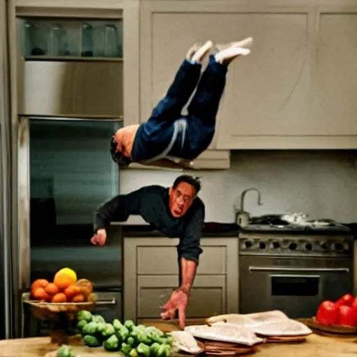 Prompt: jeff goldblum bouncing upside down in his kitchen