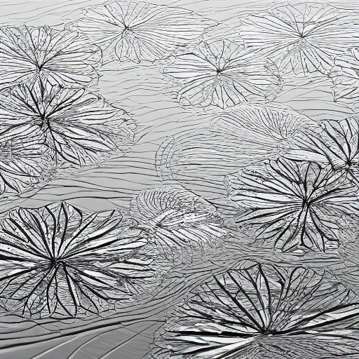 Image similar to remains of the stems of lotus flowers mirrored on a river and looking like sharp geometric scribbles, soft Chinese bridge contour far in the background, light fog, highly detailed black and white photograph by René Burri, 35mm, f/11, ISO 100, concept art, cgsociety, octane render, trending on artstation, artstationHD, artstationHQ, unrealengine