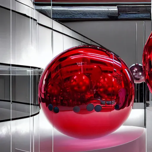 Prompt: chrome spheres on a red cube by sadahito mori