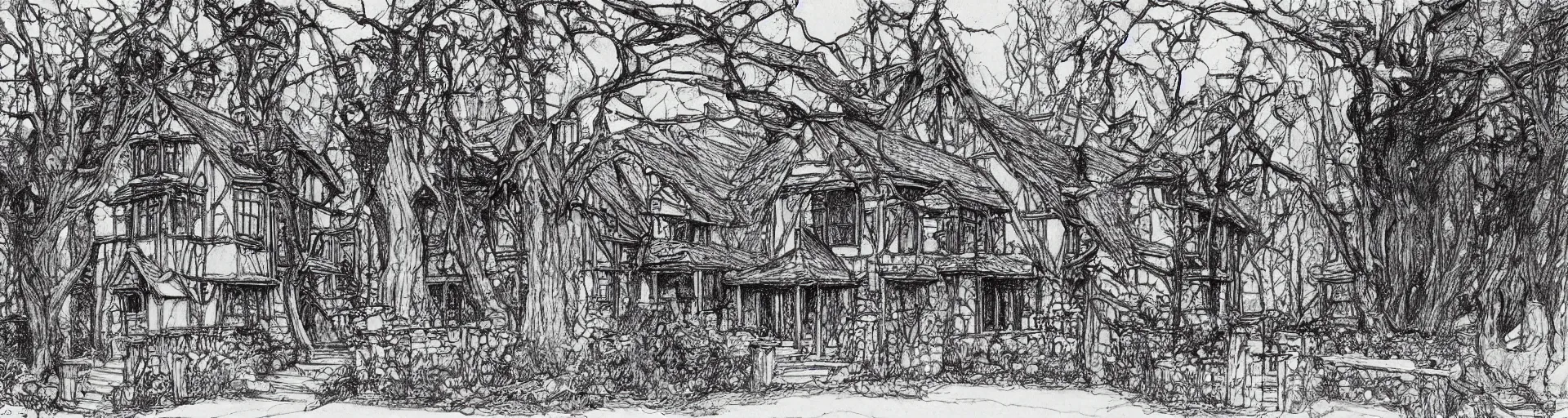 Prompt: a beautiful Tudor style house in the woods, a pen and ink drawing by Franklin Booth, fineliner drawing